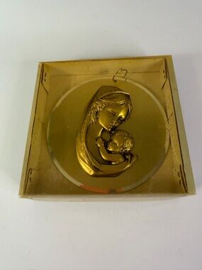 Vintage Madonna and Child Relief Wall Plaque in gold tone finish